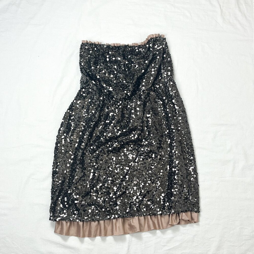 DKNY Jeans Size 16W Purple Sequins Strapless Bandeau Bodycon Dress Ruffles EUC